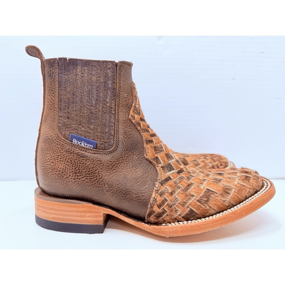 Rock'em Tejido Cowhide Botin Mens US 5 Brown Woven Square Toe Western Boots